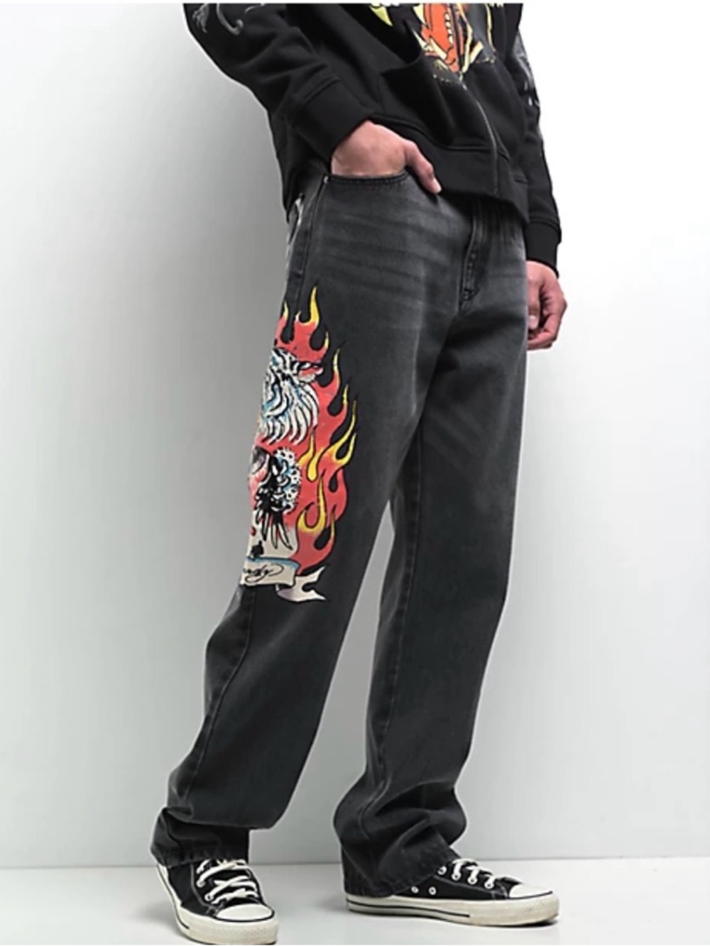Ed Hardy Tiger Flame Black Wash Relaxed Jeans with Red & Yellow
